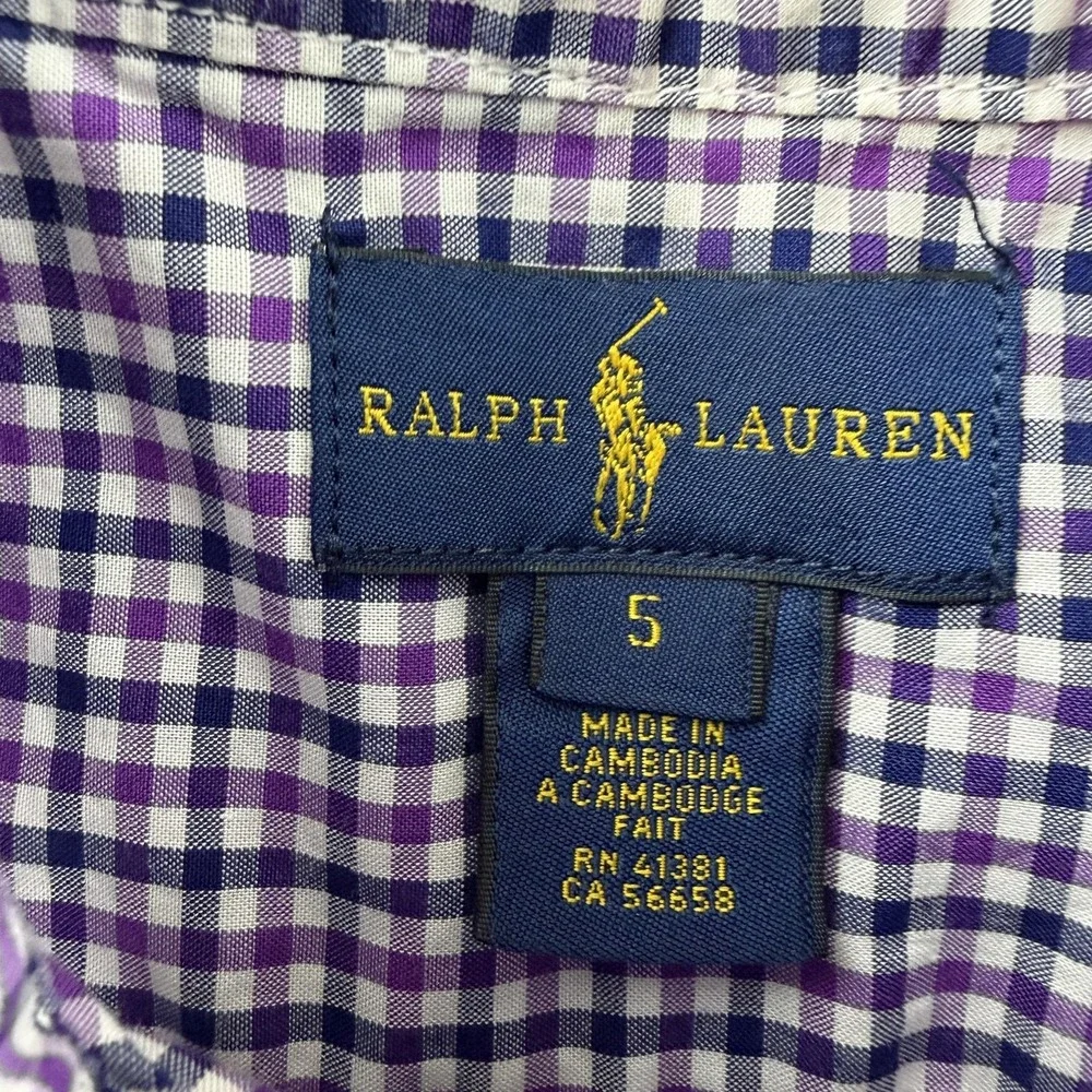 Ralph‎ Lauren Dress Shirt Boys 5 Purple Gingham Button Down Long Sleeve Logo